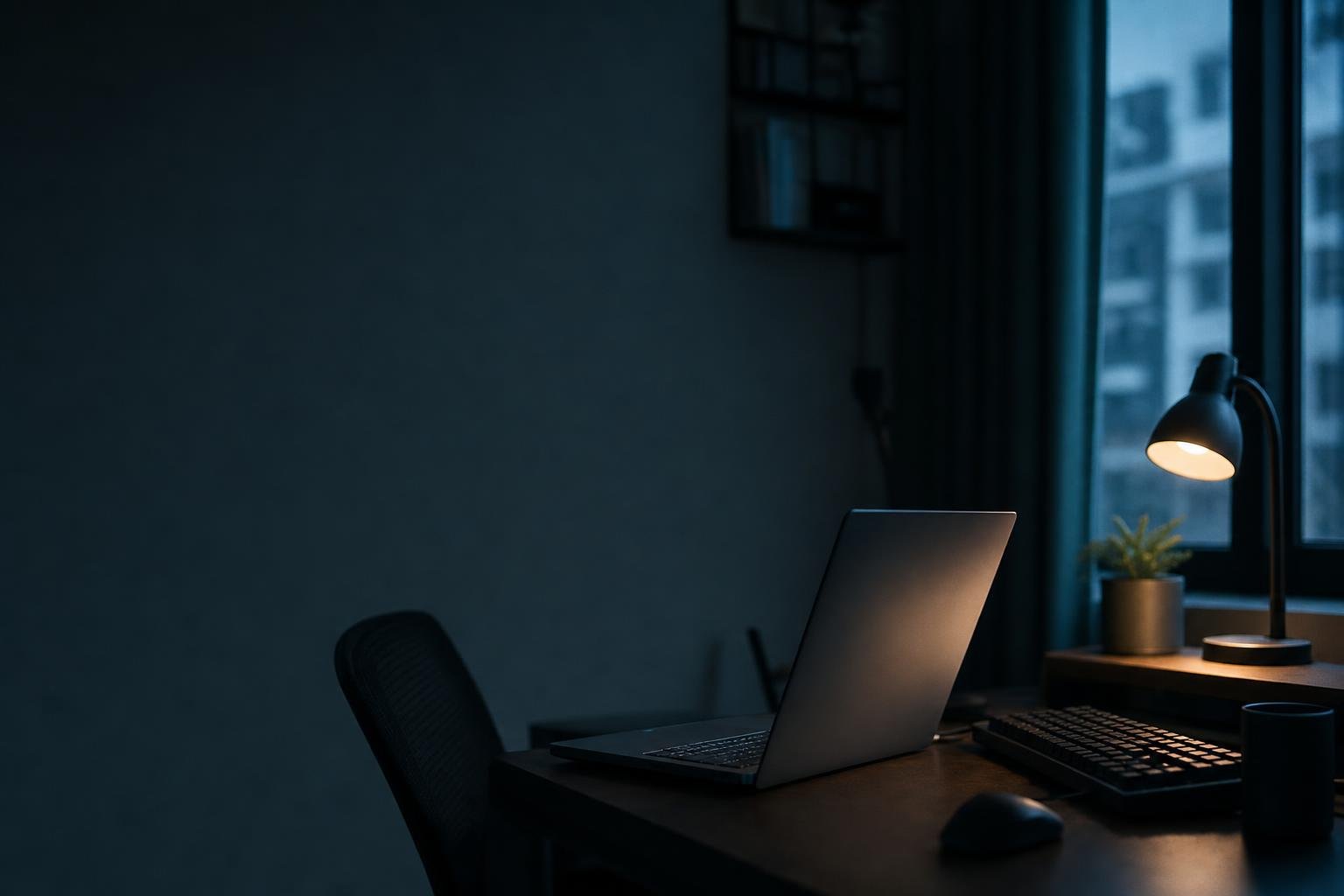 Quiet desk with laptop and notebook